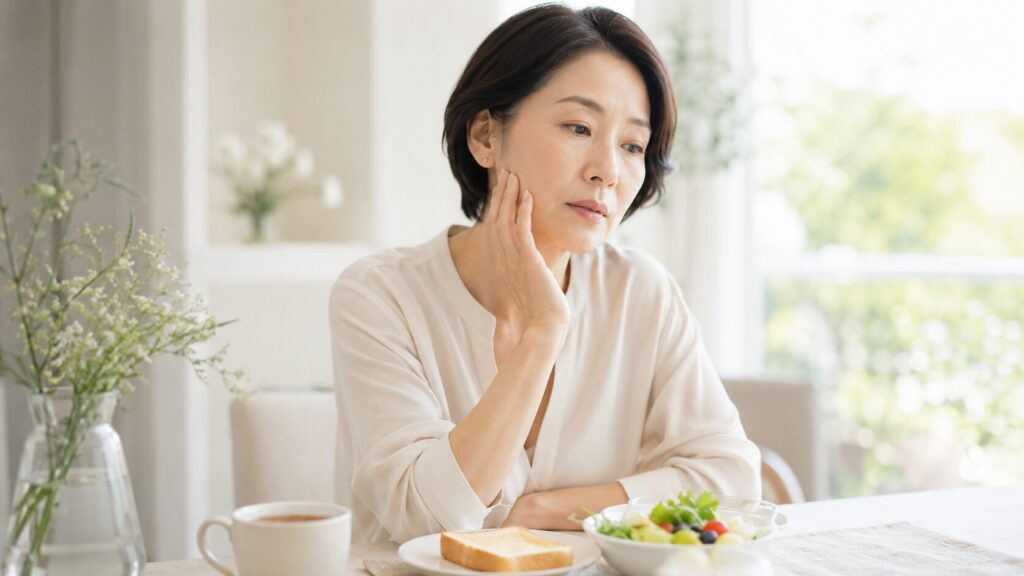 朝食を前に、肌のハリ不足や栄養バランスを気にする女性のイメージ