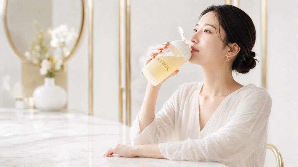美容インナーケアサプリ「リセリック」をシェイカーで飲む女性